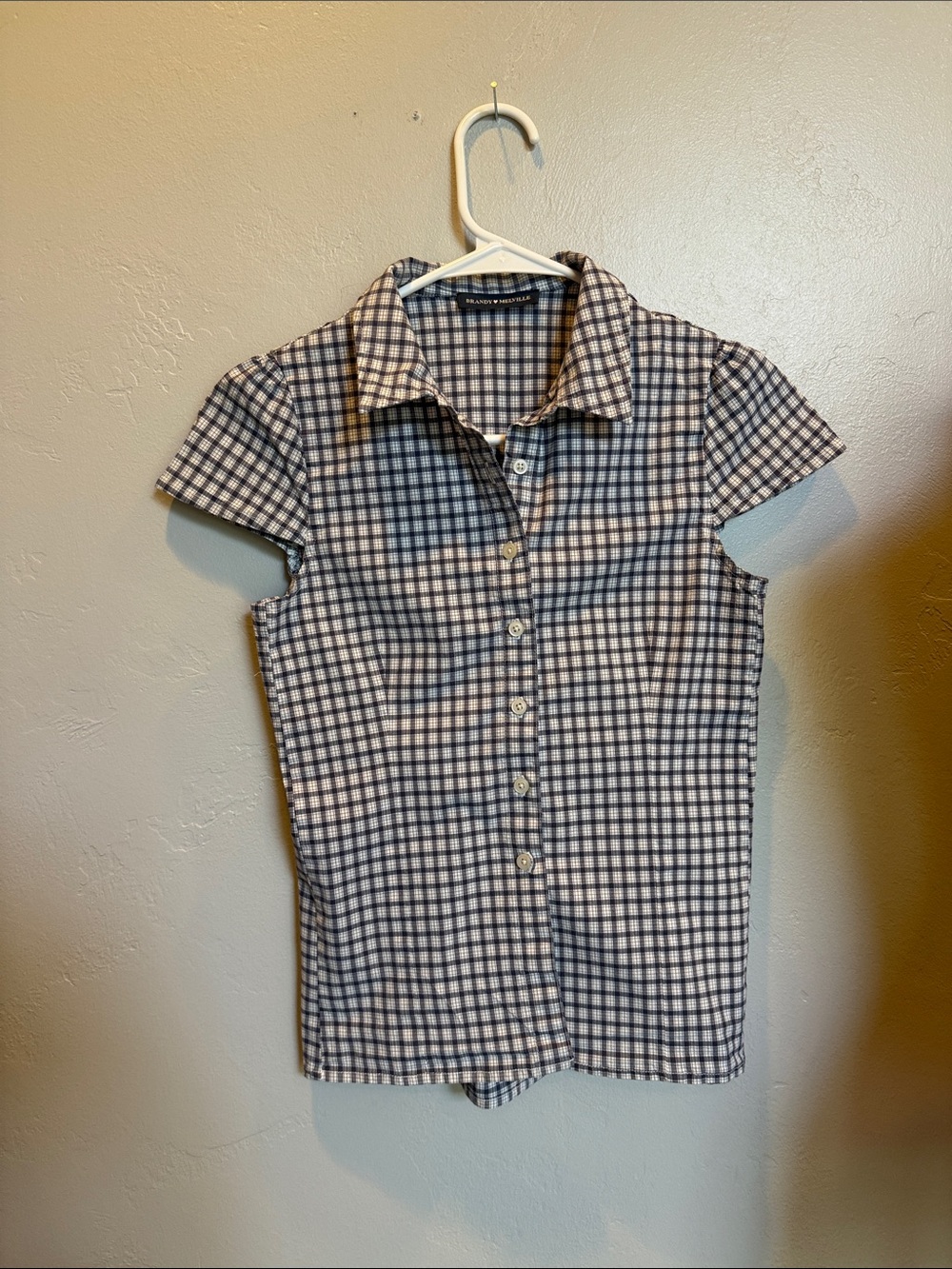 Brandy Melville Rue Top Blue Plaid Gingham Button Down Collar Cotton One Size